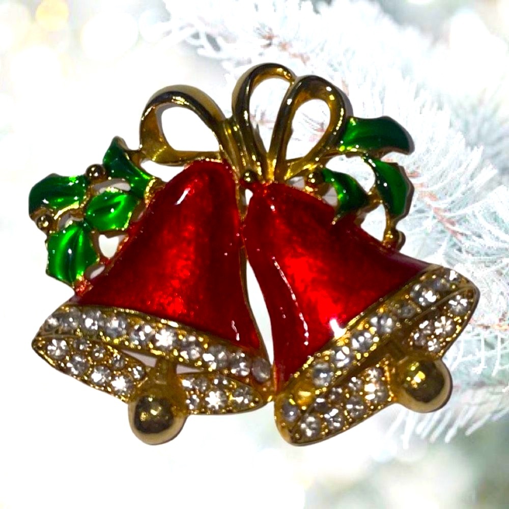 Vintage
Red Christmas Bells Gold Brooch Retro Holiday Pin Christmas Jewelry